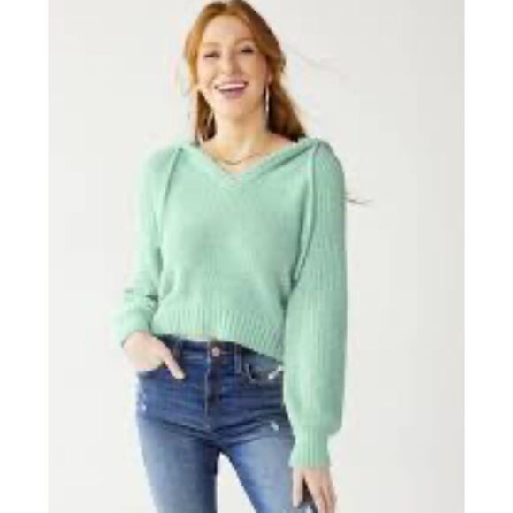 So Women's Aqua Slouchy V-Neck Pullover Drawstring Hoodie Size XS NWT - Picture 1 of 9